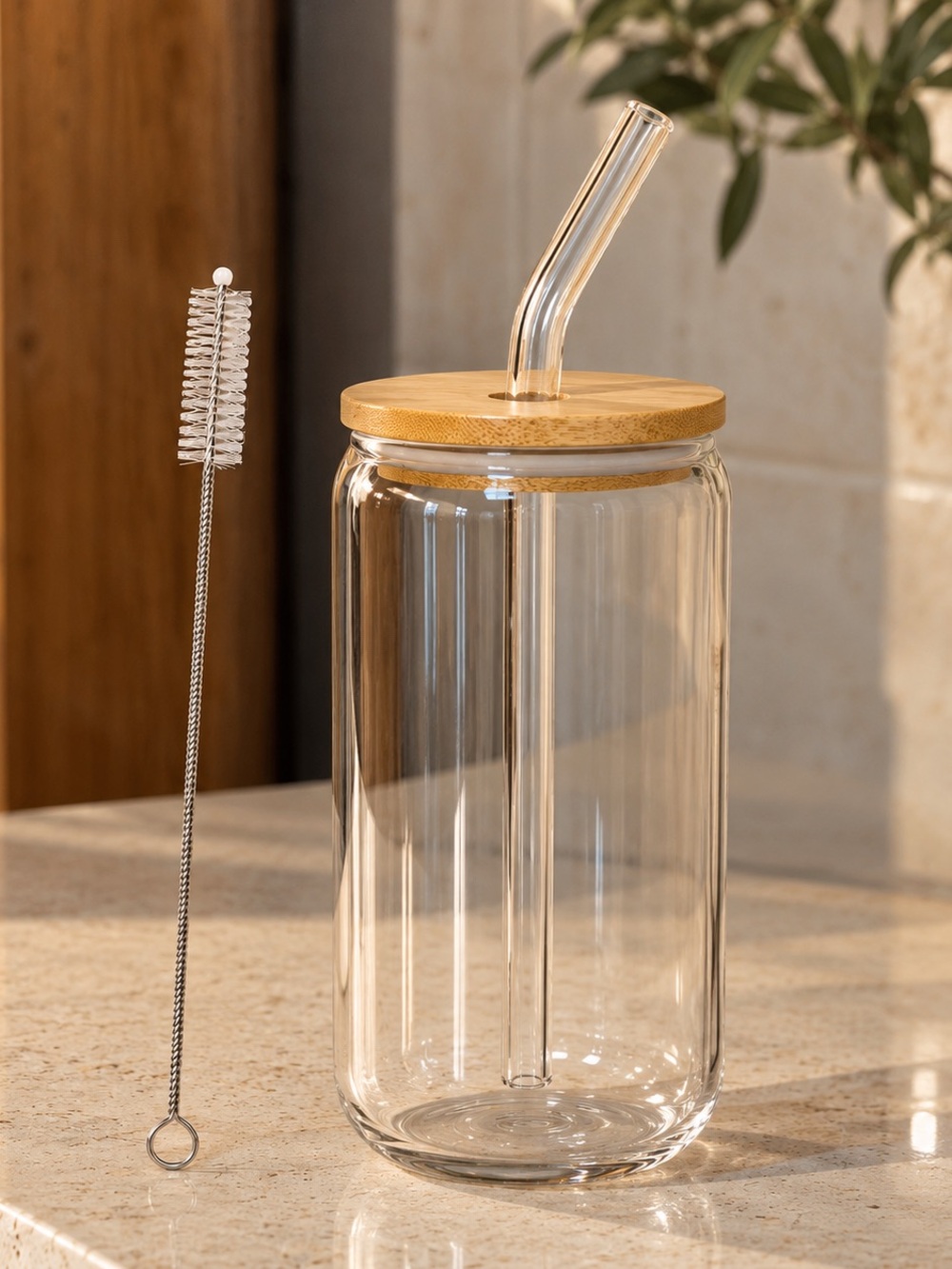 Glass Drinking Jar with Bamboo Lid & Glass Straw - Natural